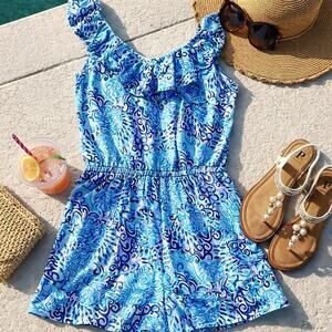 Lilly Pulitzer Alessa Romper Dress Aqua Spritz Ruffle Neck Small Resort